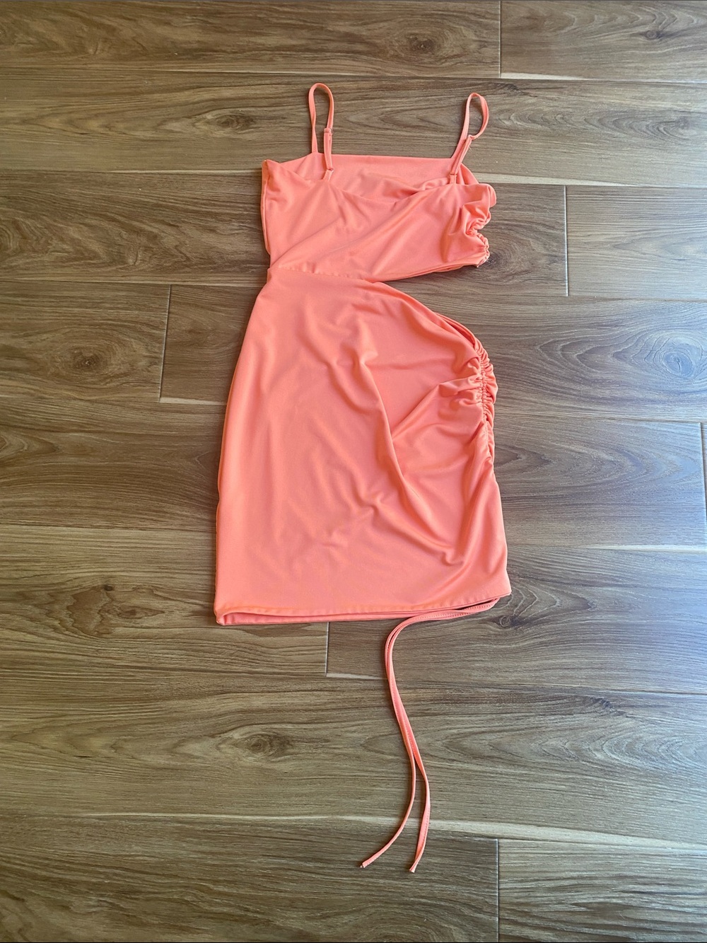 Coral Cutout Ruched Mini Dress